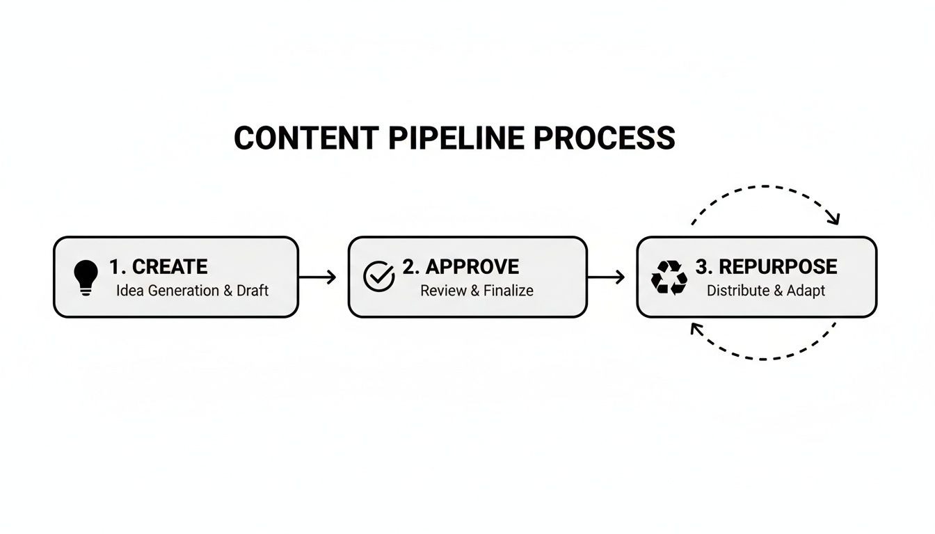 A content pipeline process diagram showing three steps: Create, Approve, and Repurpose with a loop.
