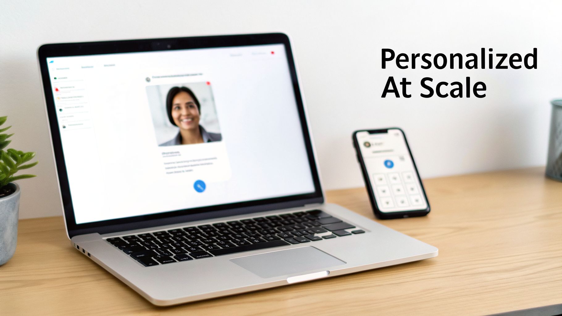 A laptop and smartphone on a desk showing personalized user interfaces, with text 'Personalized At Scale'.