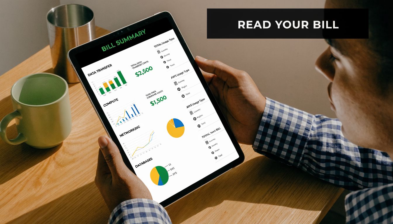 A person viewing a digital bill summary dashboard on a tablet device at a wooden desk.