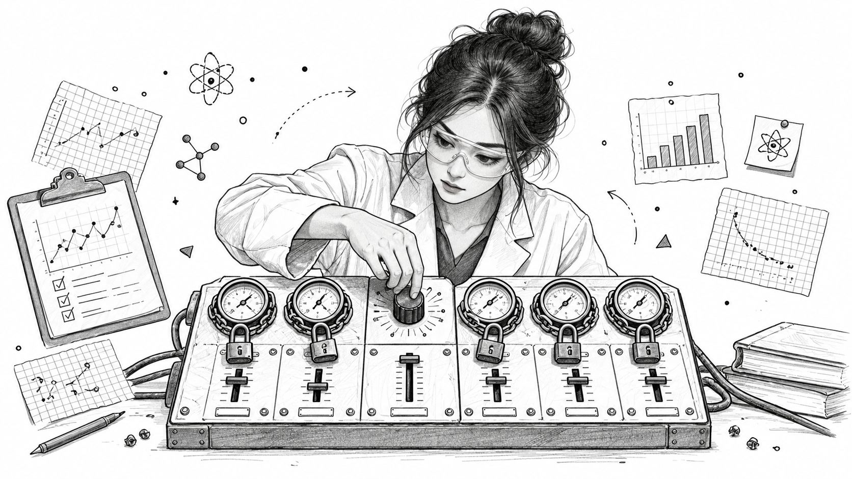 A pencil sketch of a scientist adjusting a control panel with various gauges and charts in the background.