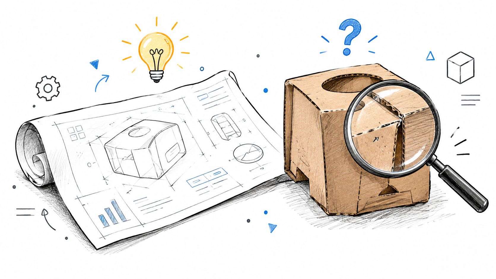 A hand-drawn illustration showing a blueprint, a cardboard box model, and a magnifying glass during design review.