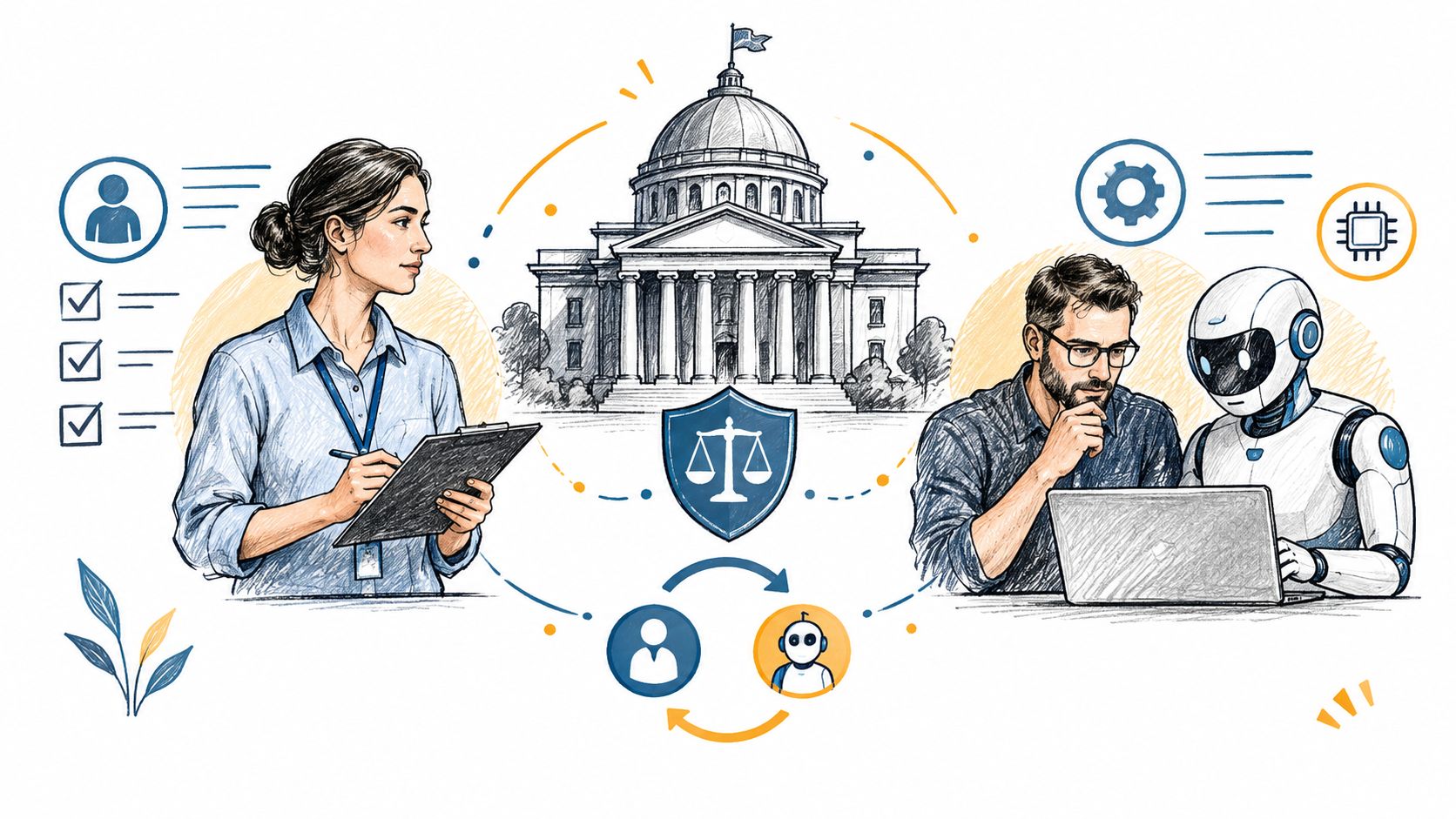A professional woman and a man working with a robot under a government building with legal scales.