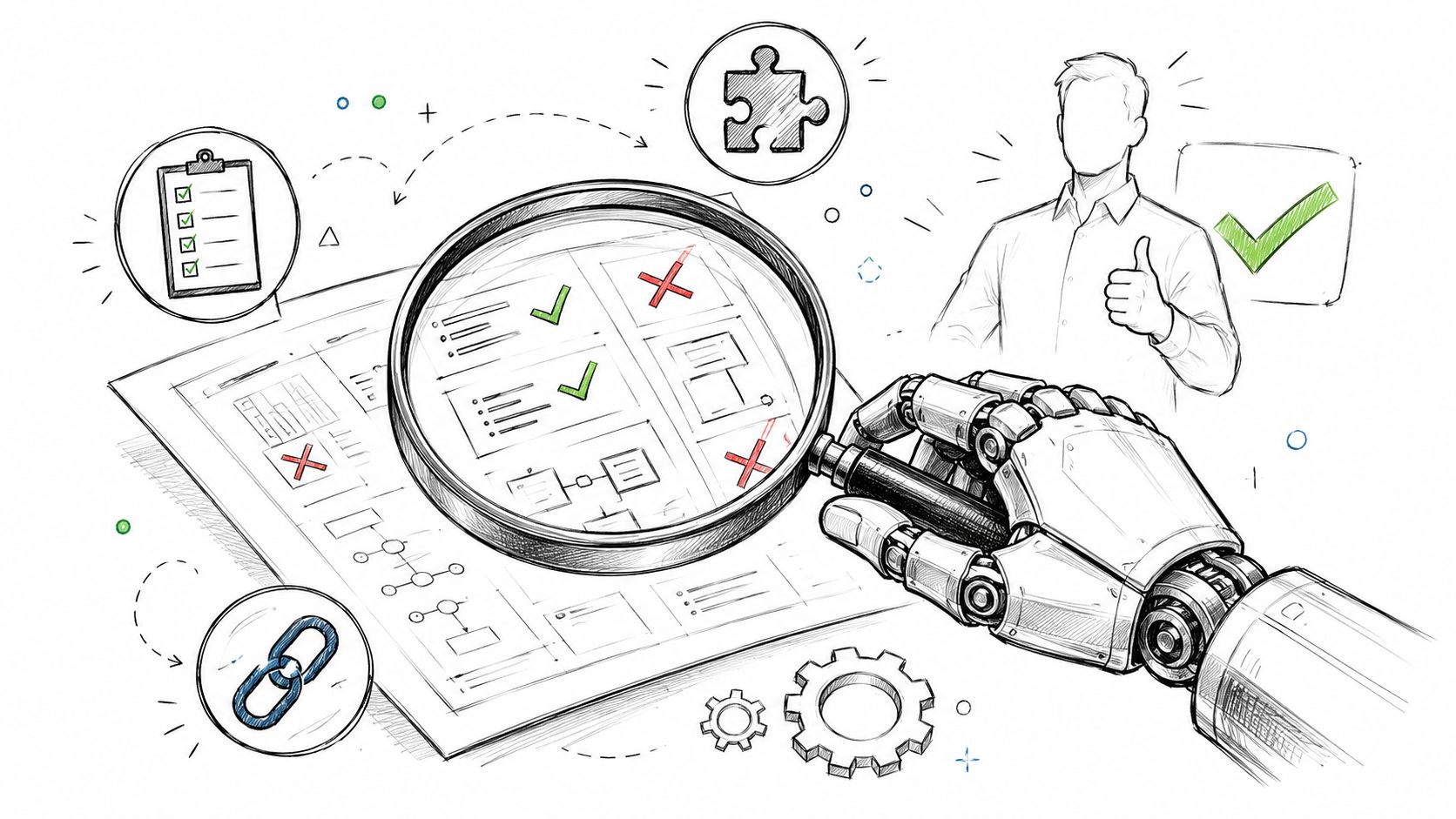 A robotic hand using a magnifying glass to review and analyze a product design process document.
