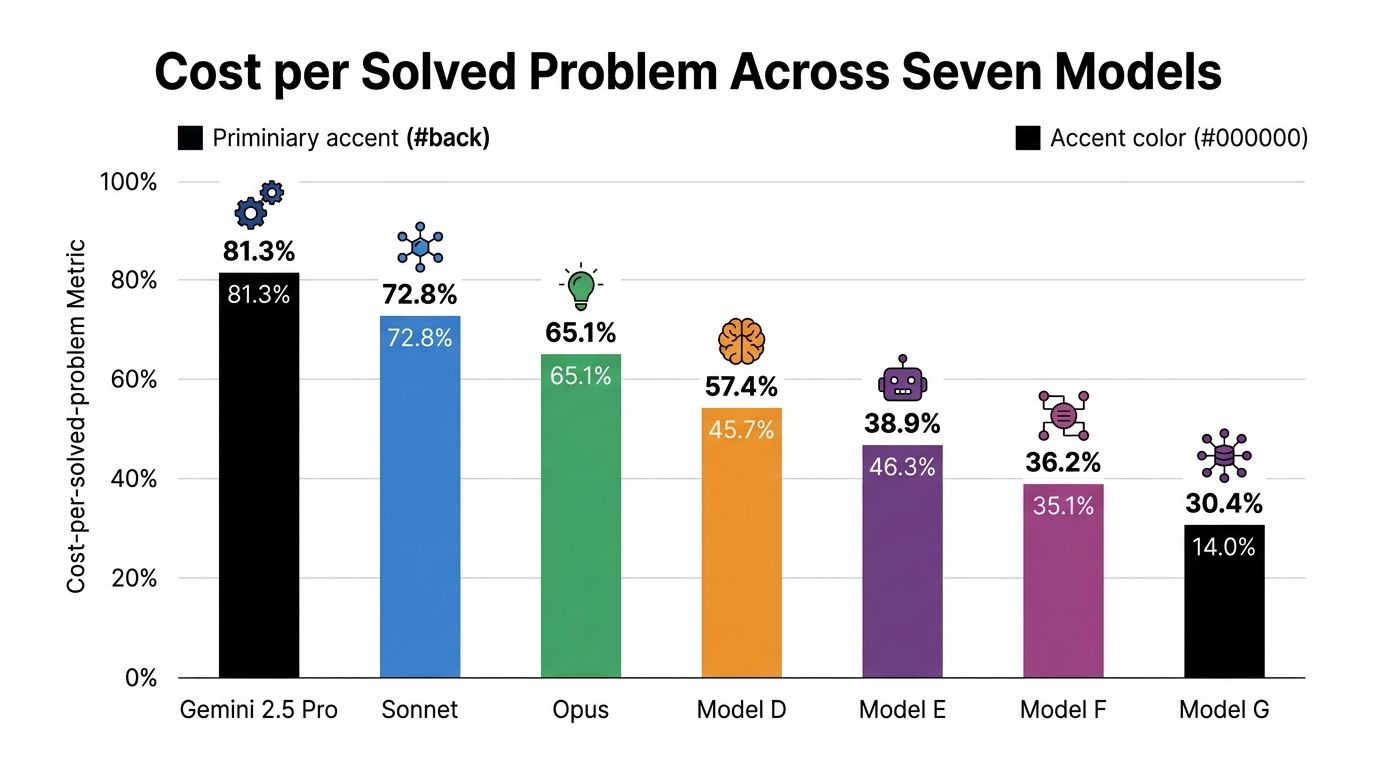 A bar chart titled Cost per Solved Problem Across Seven Models comparing the efficiency of various AI models.