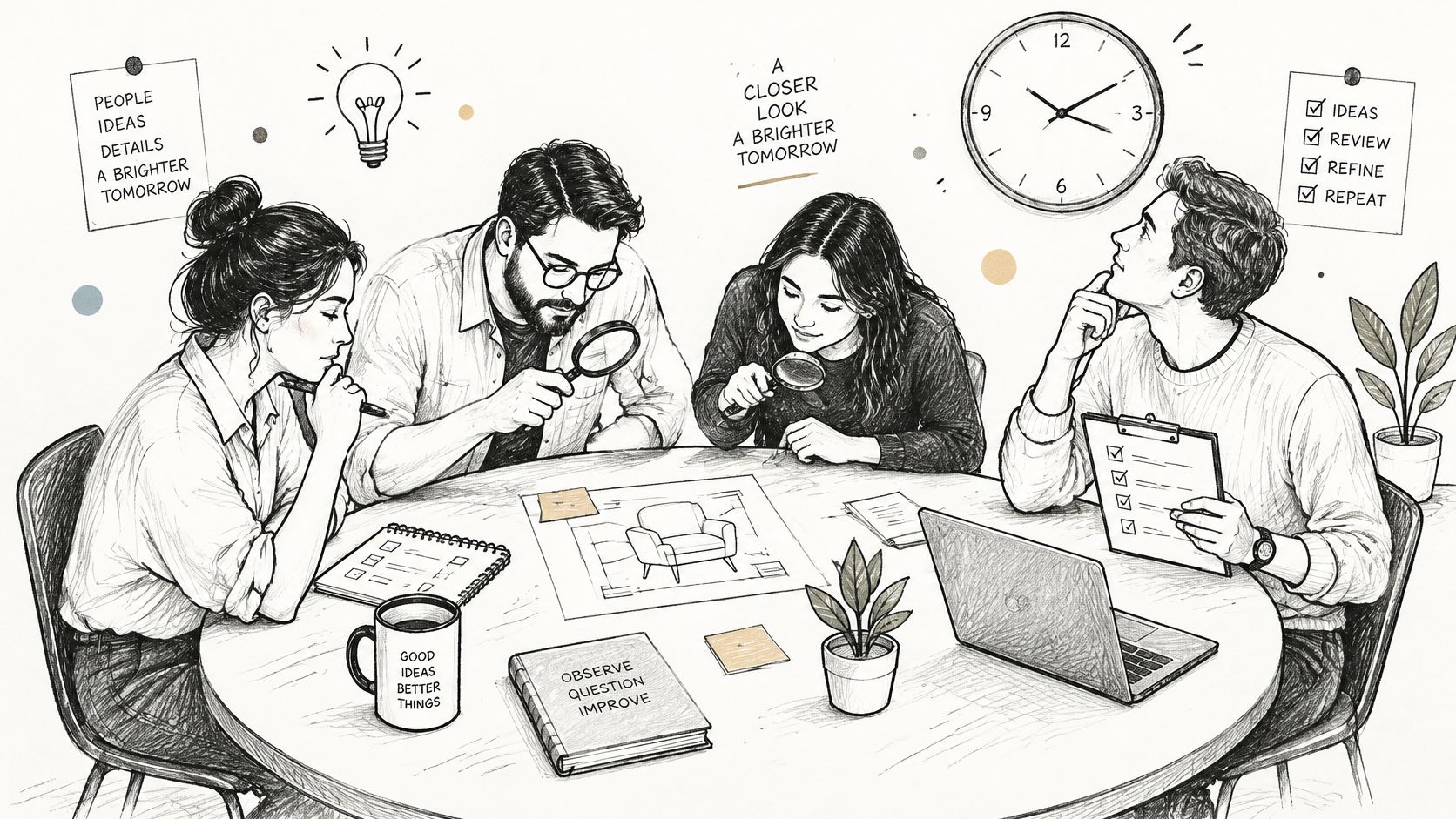 A diverse team collaborating around a table reviewing design blueprints with magnifying glasses, a laptop, and checklists.