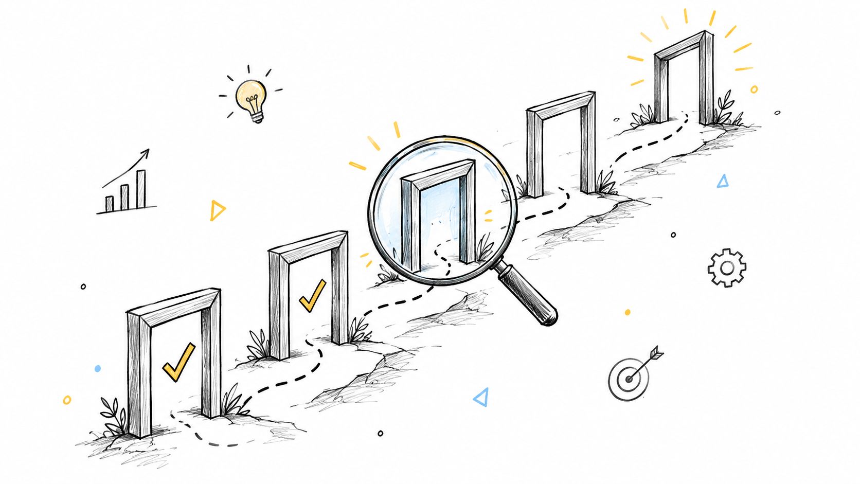 A sketched illustration showing a path through multiple doorways representing a software design review process steps.