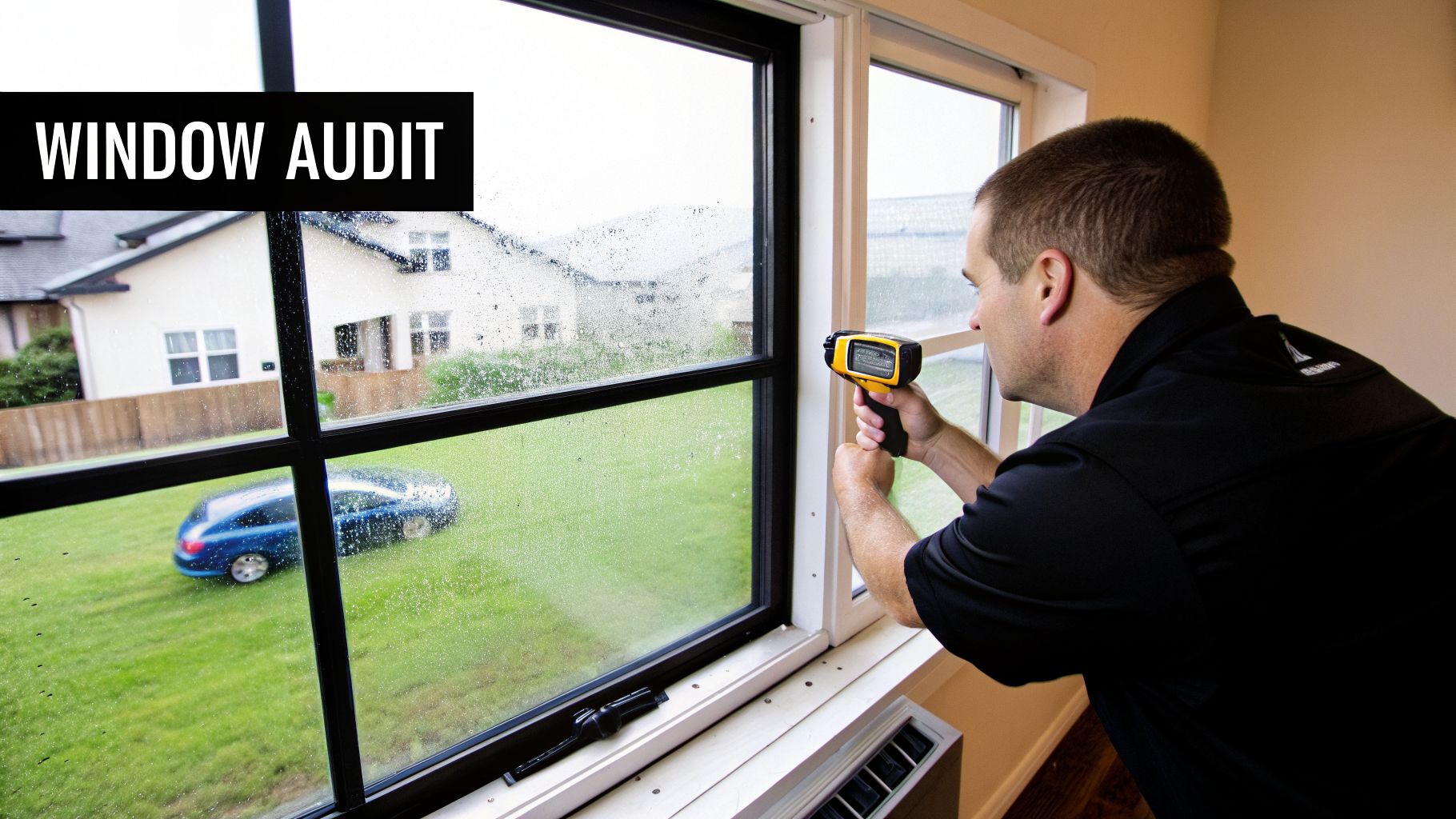 A man performs a window audit, using a thermal imaging device to inspect for energy loss.