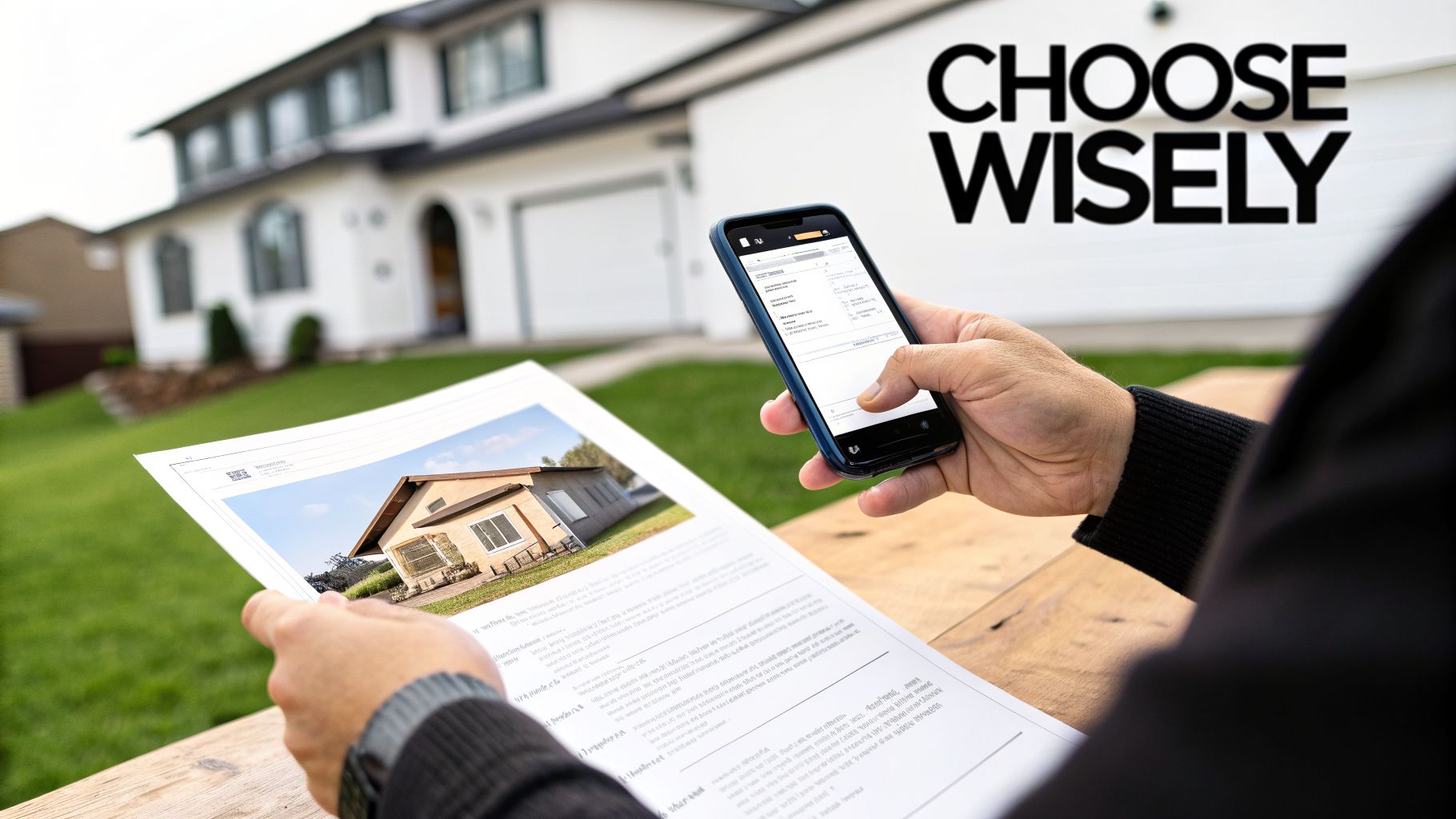 A person compares house options on a printout and smartphone, with a modern home in the background and 'CHOOSE WISELY' text.