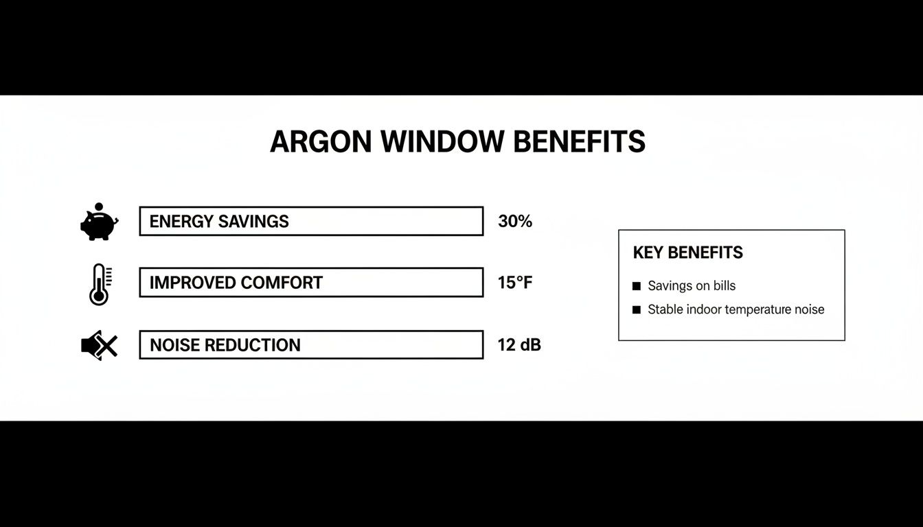 An infographic detailing the benefits of argon windows, including energy savings, improved comfort, and noise reduction.