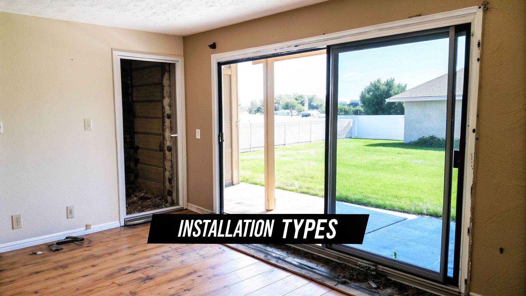 Interior view of a house showing a removed patio door and an open doorway during renovation.