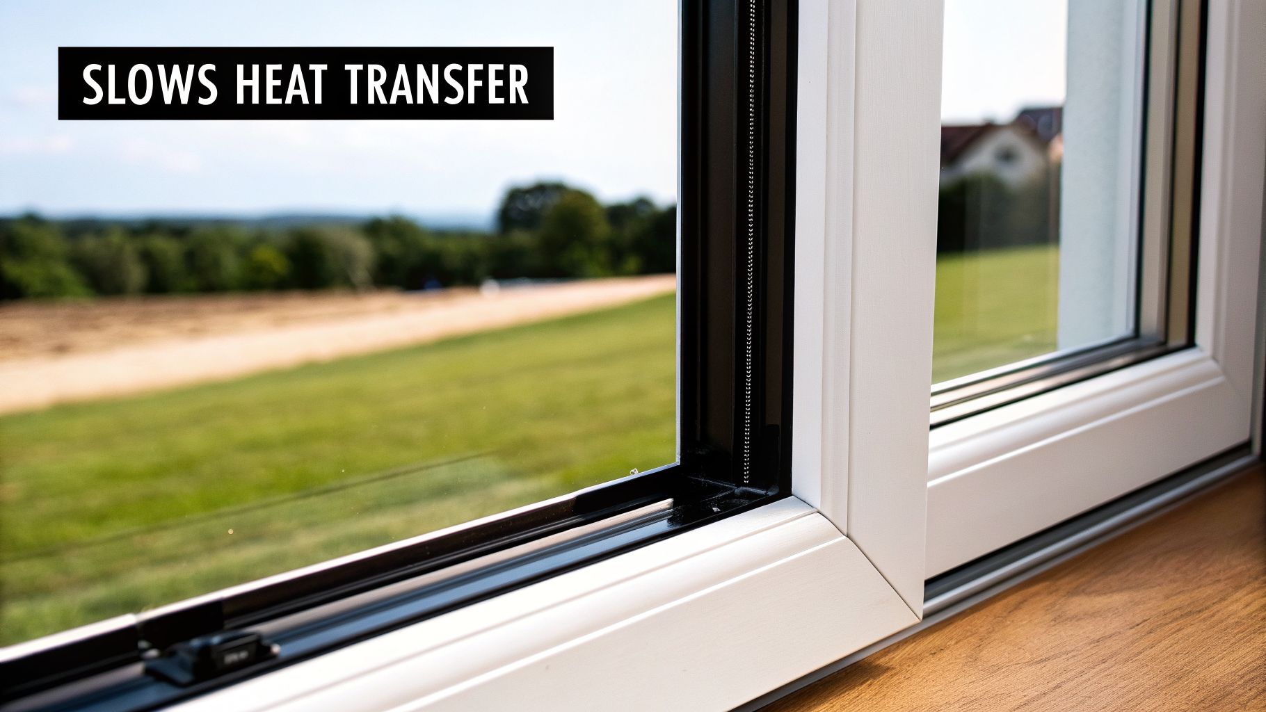 Close-up of a modern, energy-efficient window with a text overlay stating "SLOWS HEAT TRANSFER", overlooking a green landscape.
