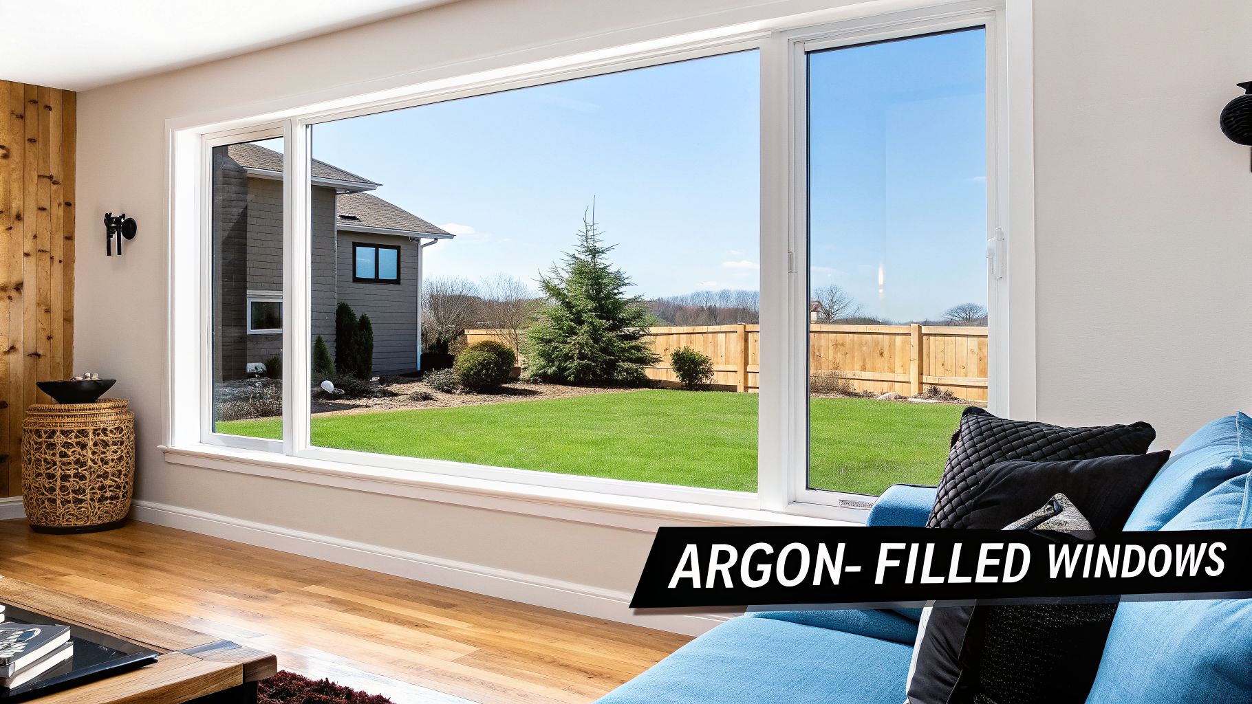 A modern living room with large argon-filled windows offering a view of a green backyard and another house.