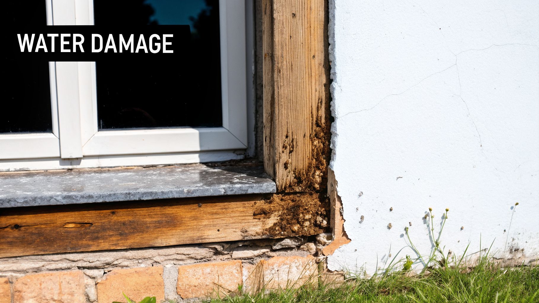 Exterior view of a house showing severe water damage, rot, and peeling paint around a window.