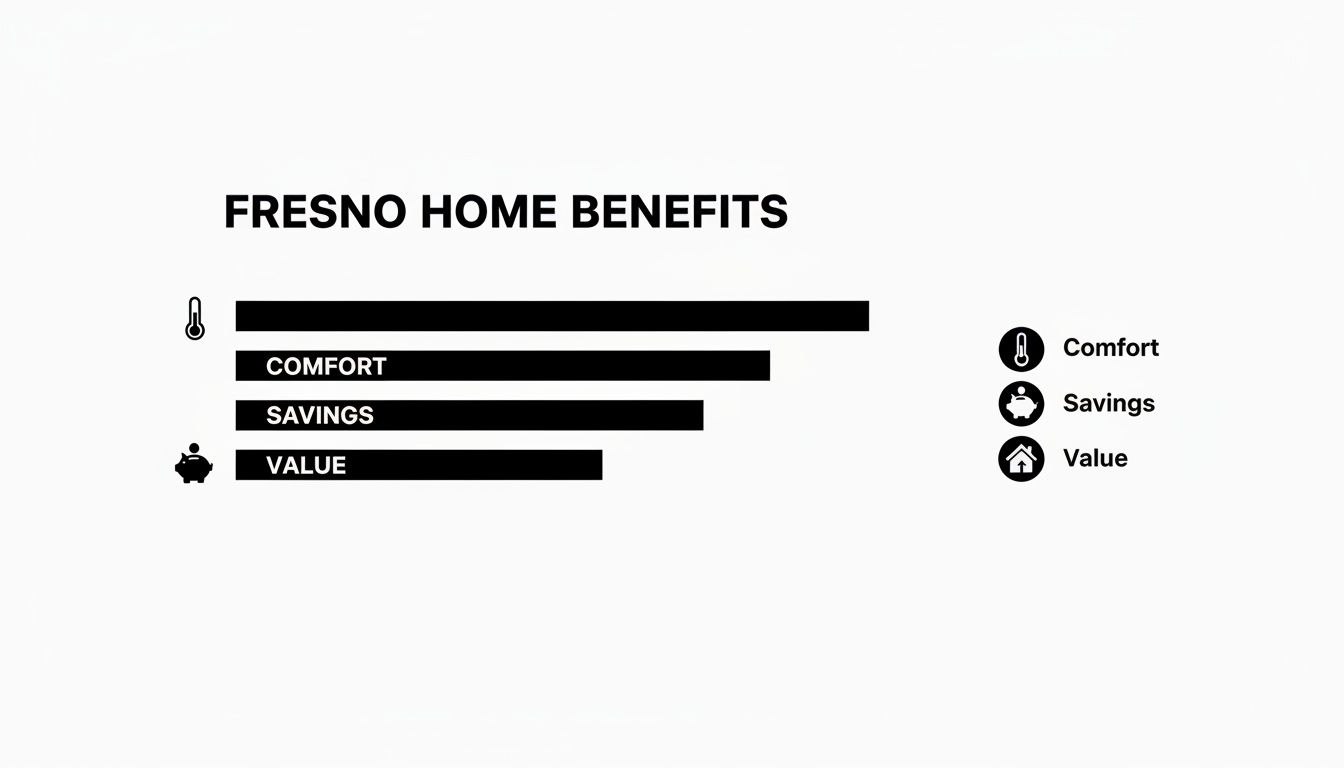 Bar chart illustrating Fresno home benefits for comfort, savings, and value with descriptive icons.