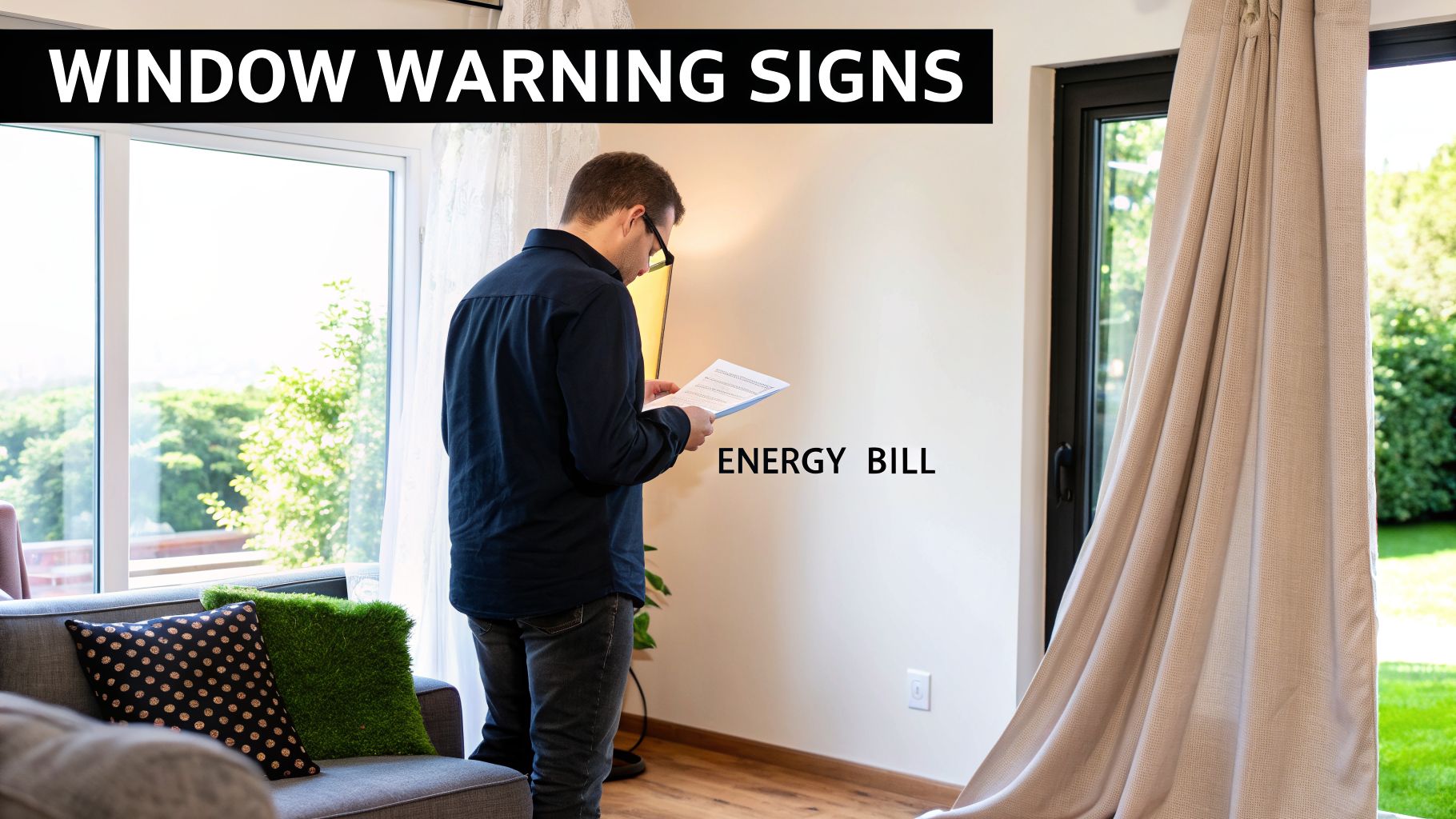 A man reviews a high energy bill near large windows, indicating potential window issues.
