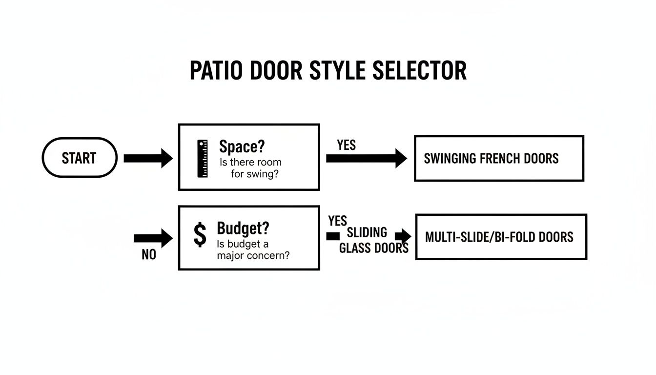Flowchart for selecting patio door styles, considering space for swinging French doors or budget for multi-slide/bi-fold options.
