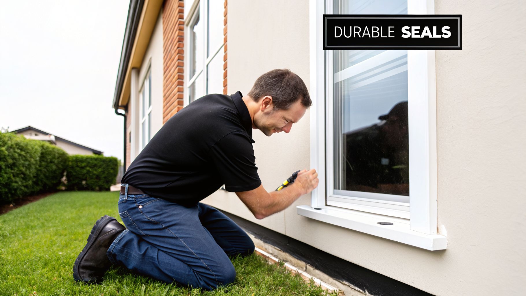 A man kneels on the grass, applying sealant around the white frame of a house window.