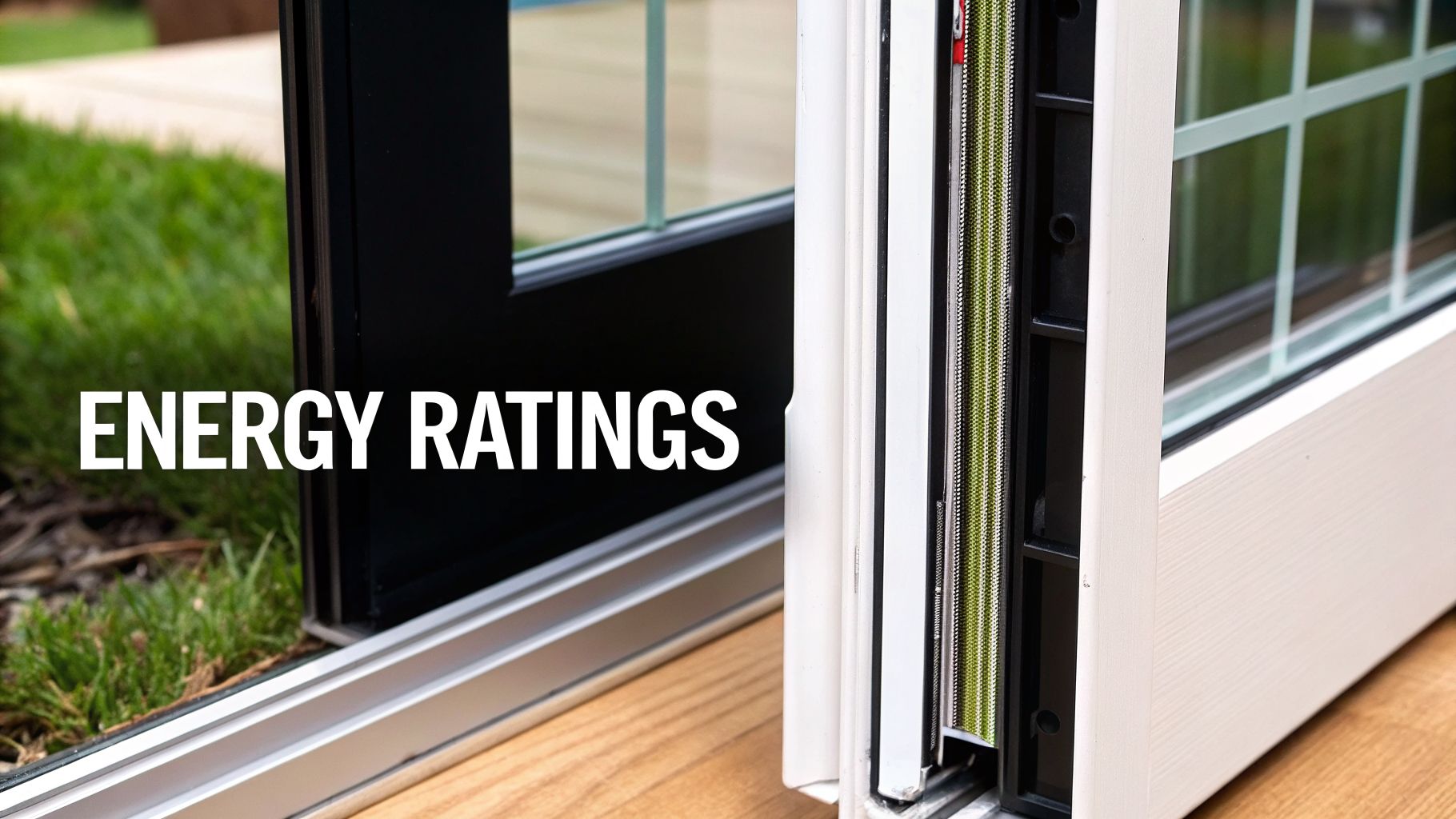 Close-up of a modern patio door's frame, revealing its construction and insulation, with 'ENERGY RATINGS' text.