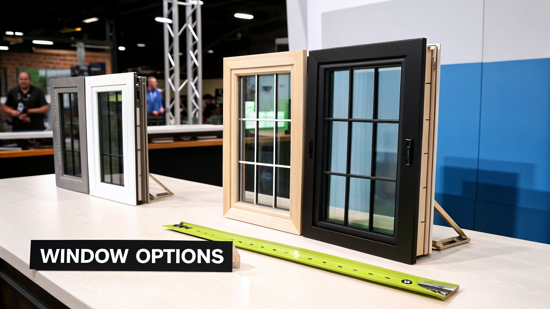 Multiple window samples in different colors, including black, natural wood, grey, and white, displayed on a table with a 'Window Options' sign.
