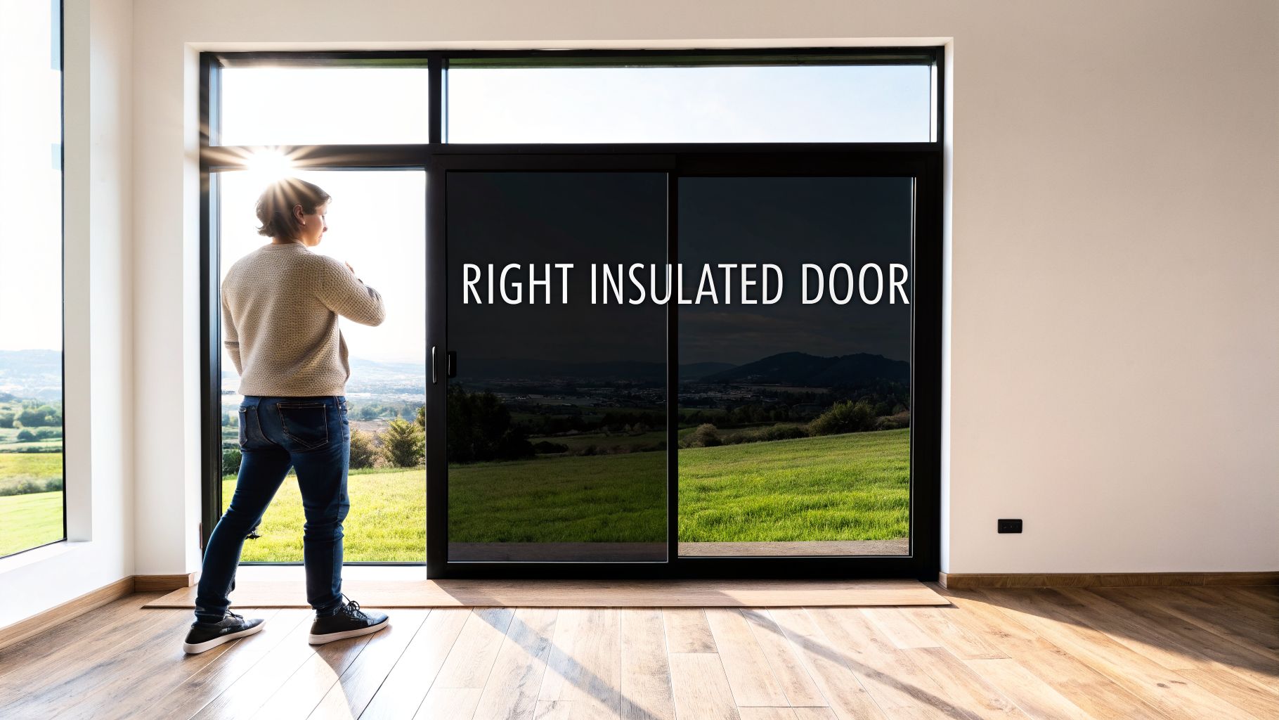 Man standing in a modern room, looking out through a large black framed sliding insulated door at a green landscape.