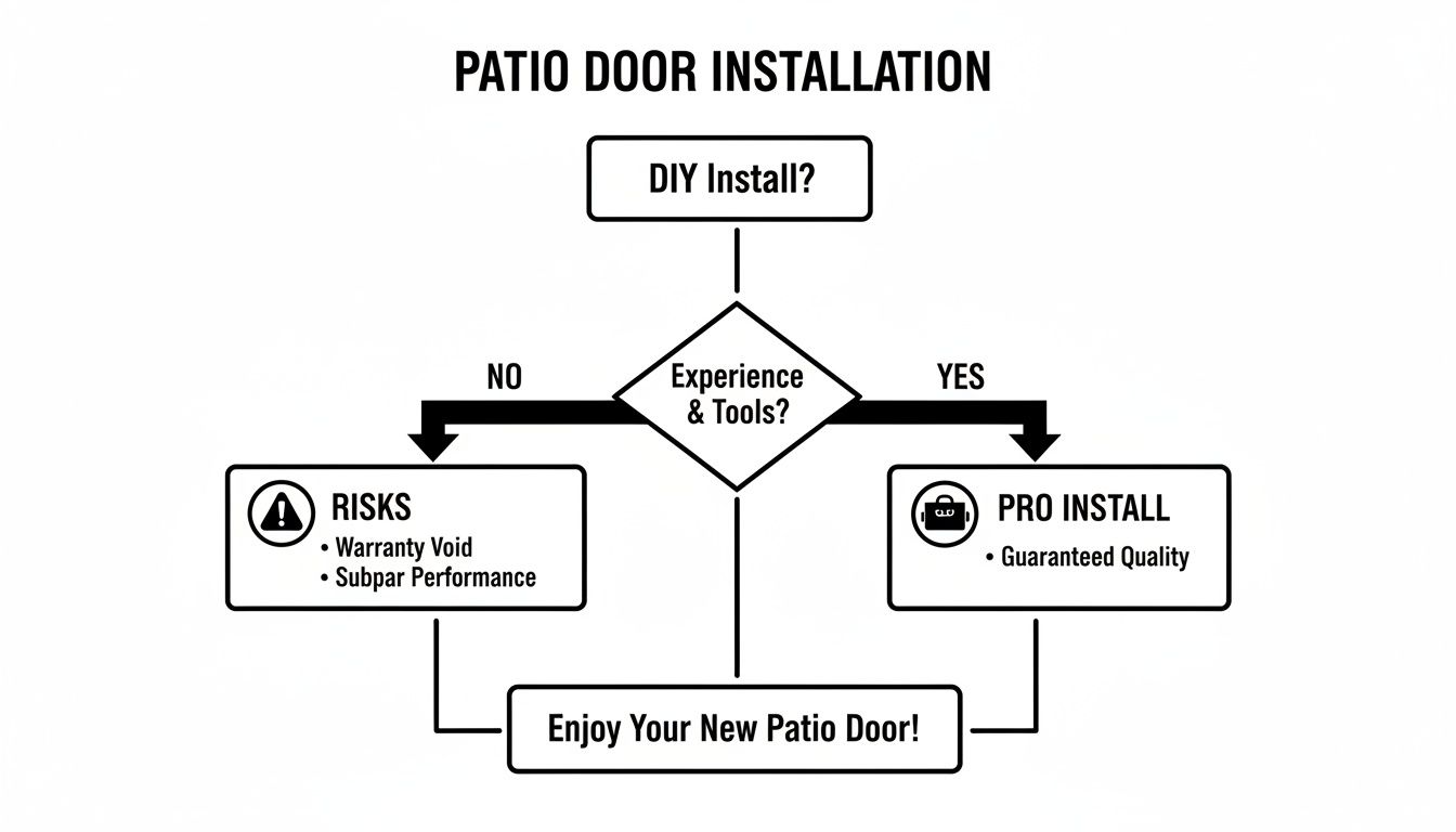 A flowchart comparing DIY patio door installation risks like warranty void with benefits of professional install.