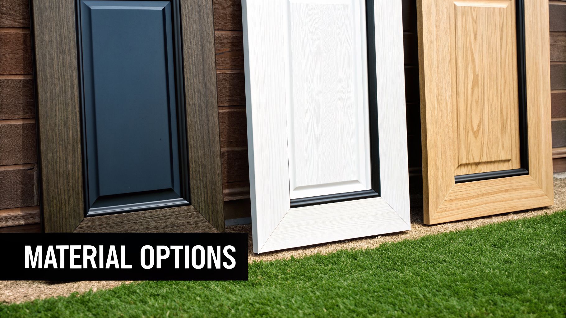 Three diverse patio door material samples, including dark wood, white wood grain, and natural oak finishes.