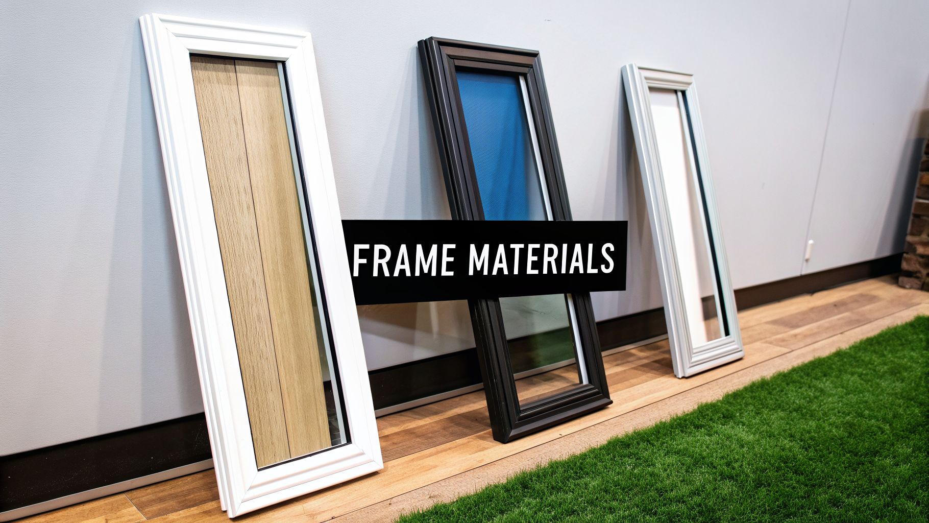 Three framed door samples in white, black, and silver, showcasing different frame materials.