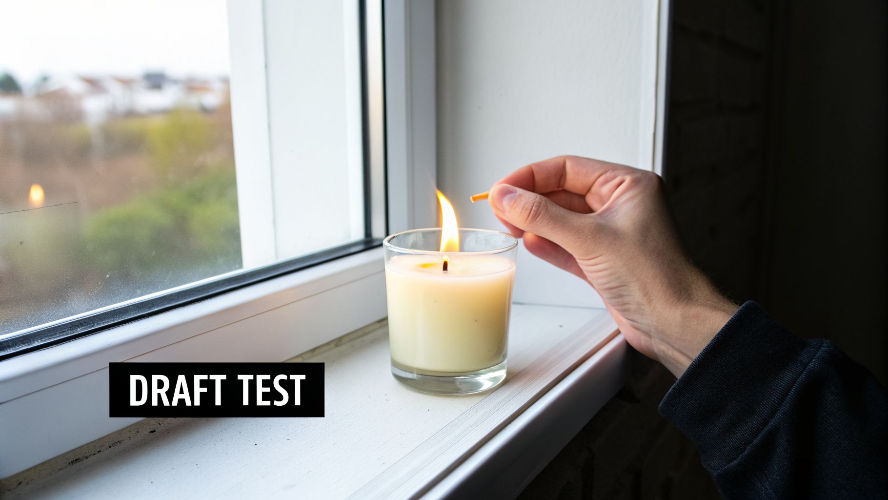 A person's hand holds a lit match near a burning candle on a window sill, performing a draft test.