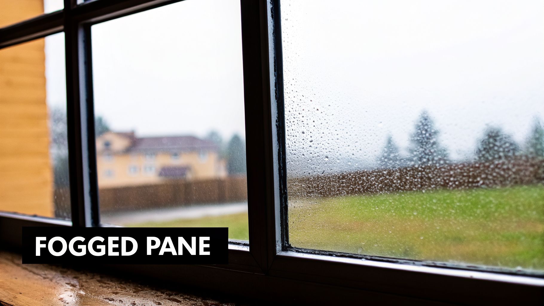 A window with heavy condensation or rain, looking out to a hazy landscape with a house.