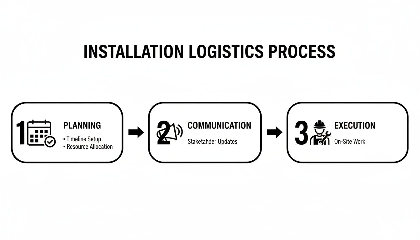 A three-step flowchart outlining the Installation Logistics Process: Planning, Communication, and Execution.