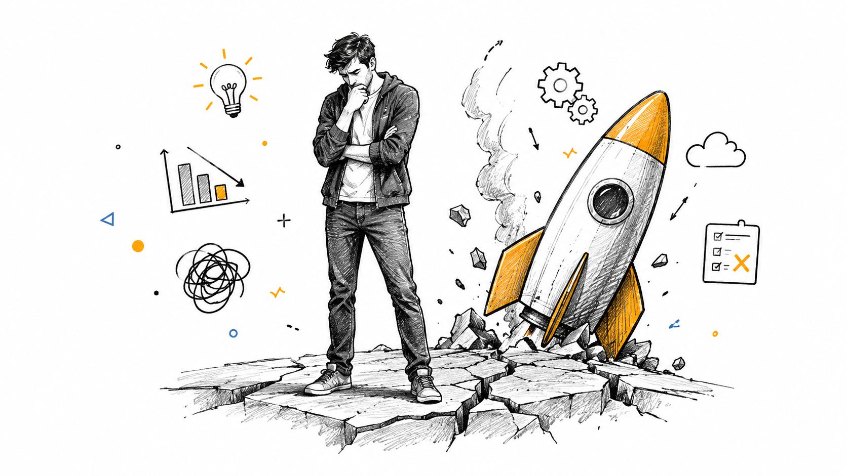 A thoughtful man standing on cracked ground near a launching rocket surrounded by business icons and sketches.