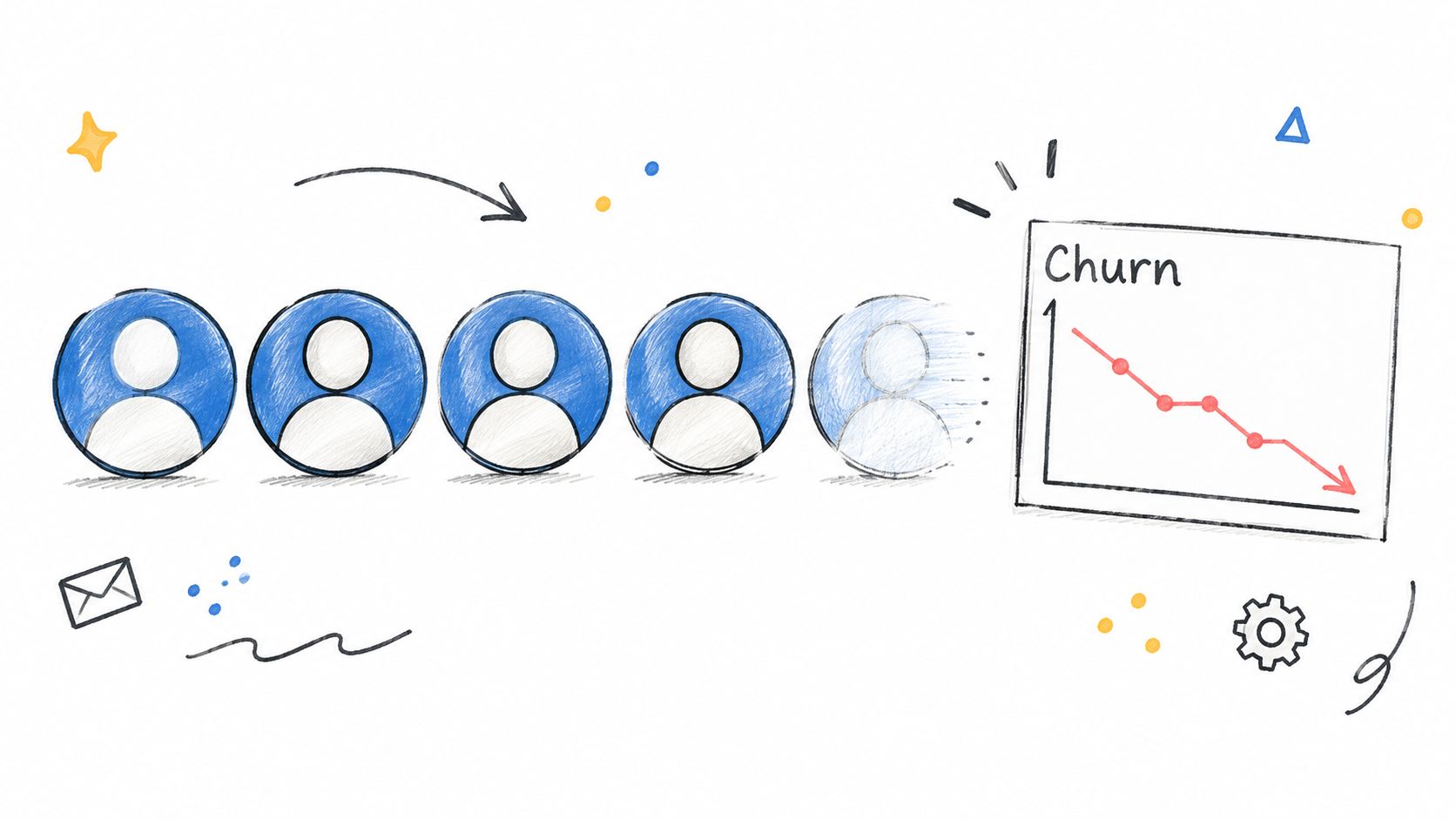A hand-drawn illustration showing a line of user icons and a descending churn rate line graph.