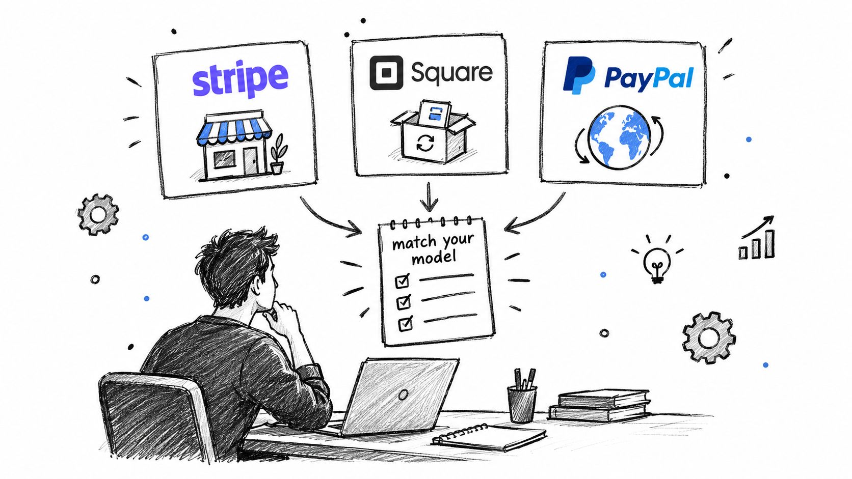 A sketched illustration of a person at a desk choosing between Stripe, Square, and PayPal payment systems.