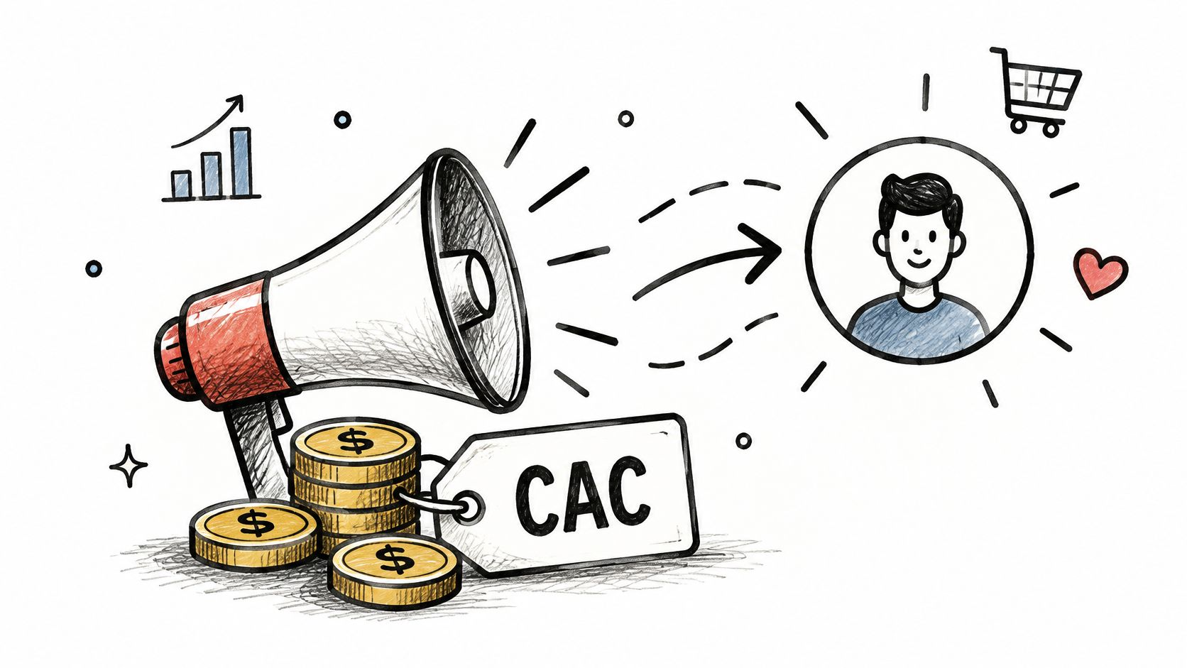 A hand-drawn illustration showing a megaphone pointing toward a person, with CAC labeled on price tags.