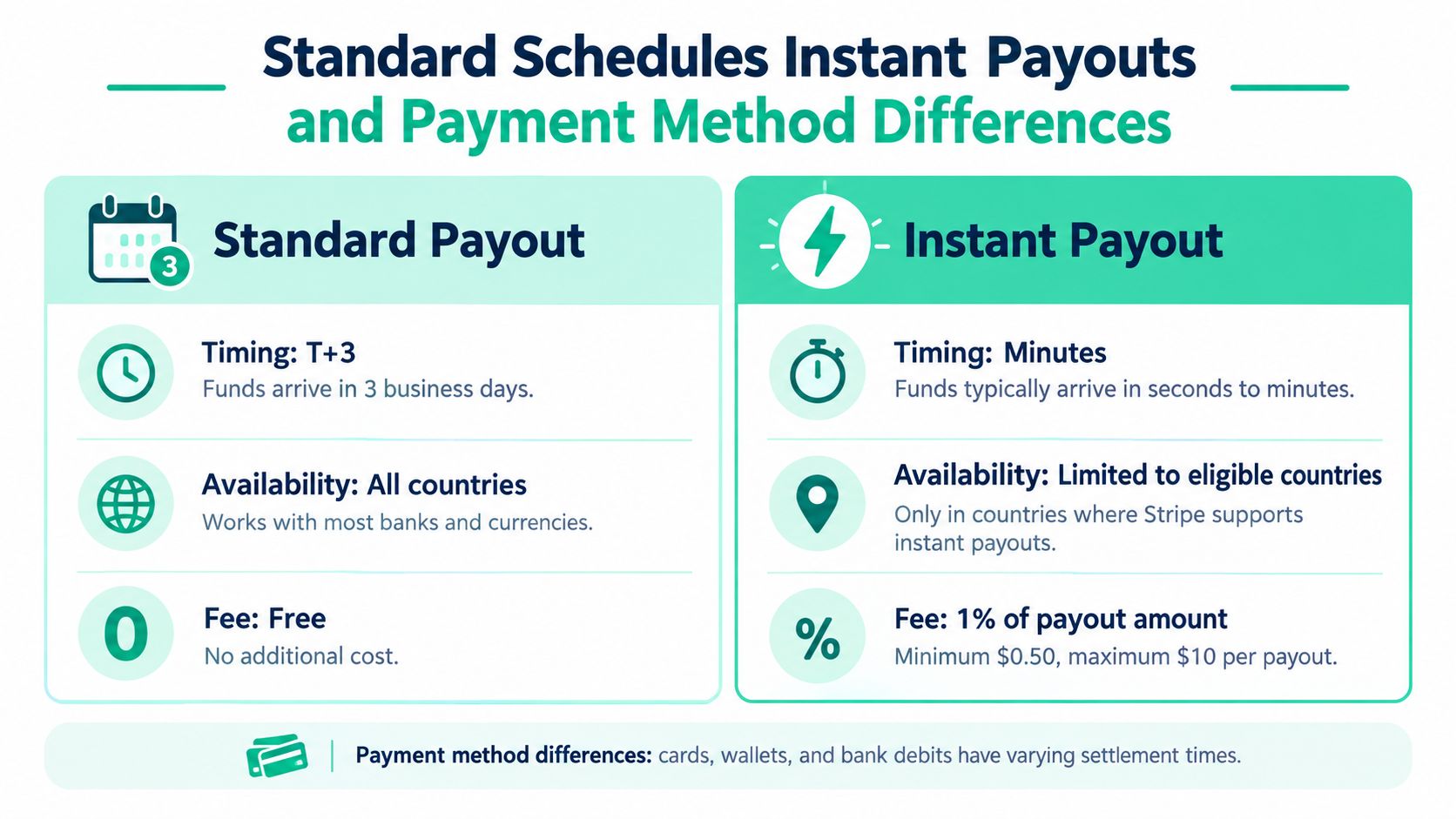 A comparison chart outlining the differences between Stripe standard payouts and instant payouts including timing, availability, and fees.