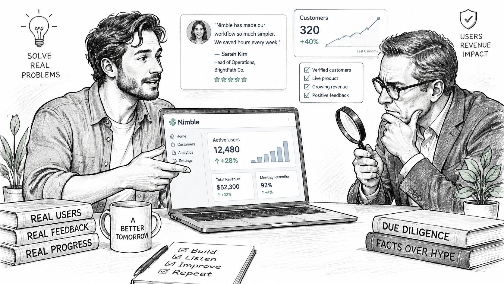 A pencil sketch of two businessmen collaborating at a desk, reviewing data metrics on a laptop screen.