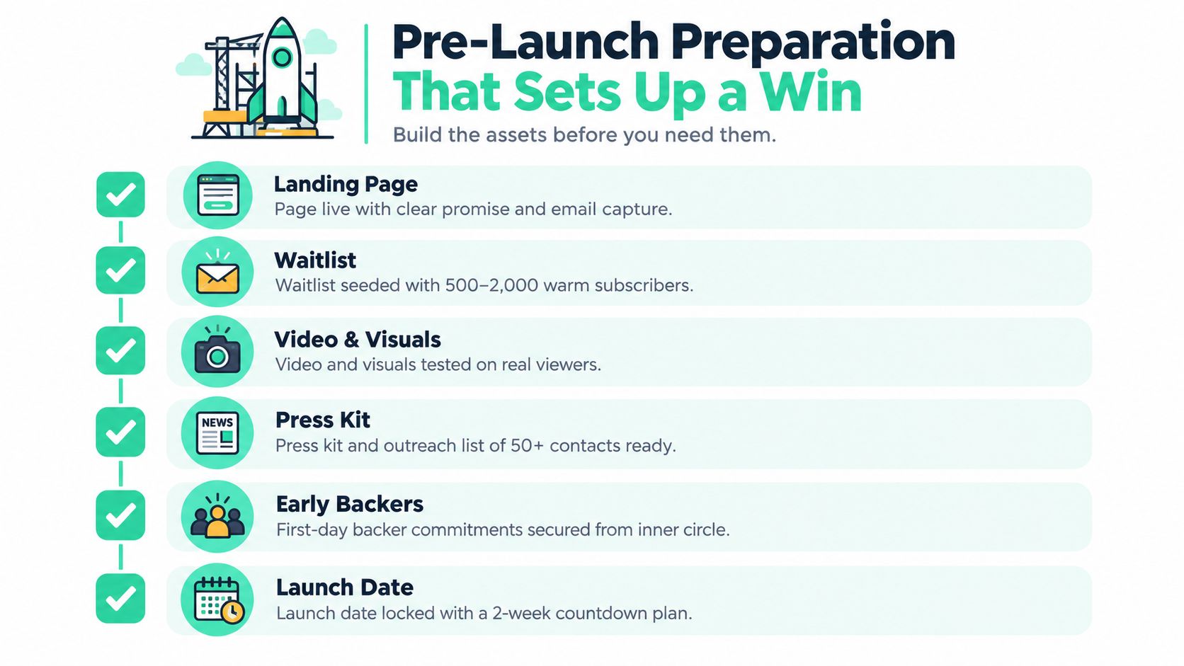 A checklist infographic outlining essential pre-launch preparation steps for a successful crowdfunding campaign launch.