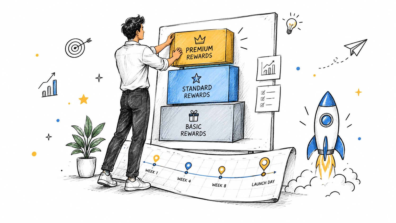 A professional man placing reward tiers on a board above a timeline for a business launch.
