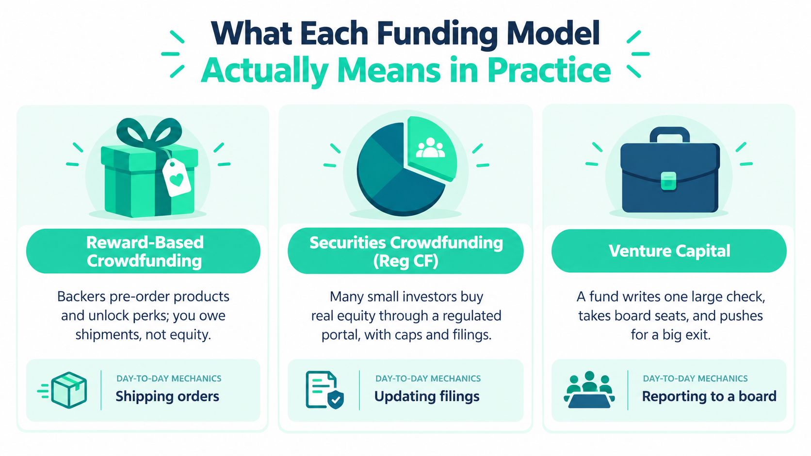 An infographic showing the differences between reward-based crowdfunding, securities crowdfunding, and venture capital funding models.