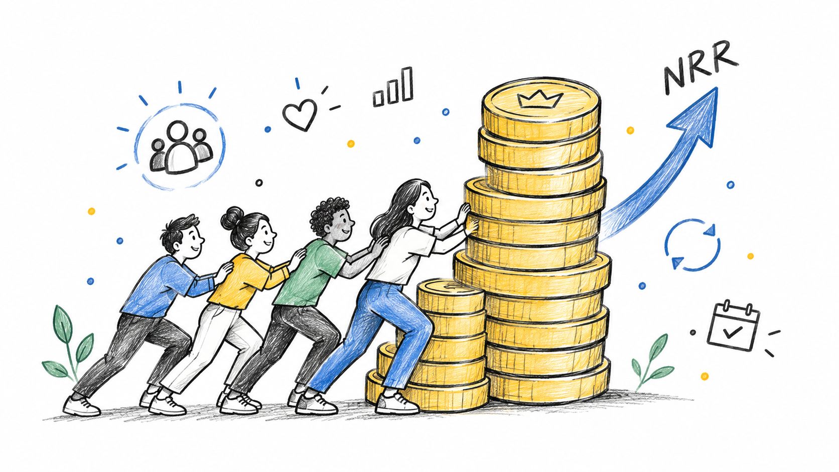 A team of four people pushing a large stack of gold coins upward, symbolizing business growth and NRR.