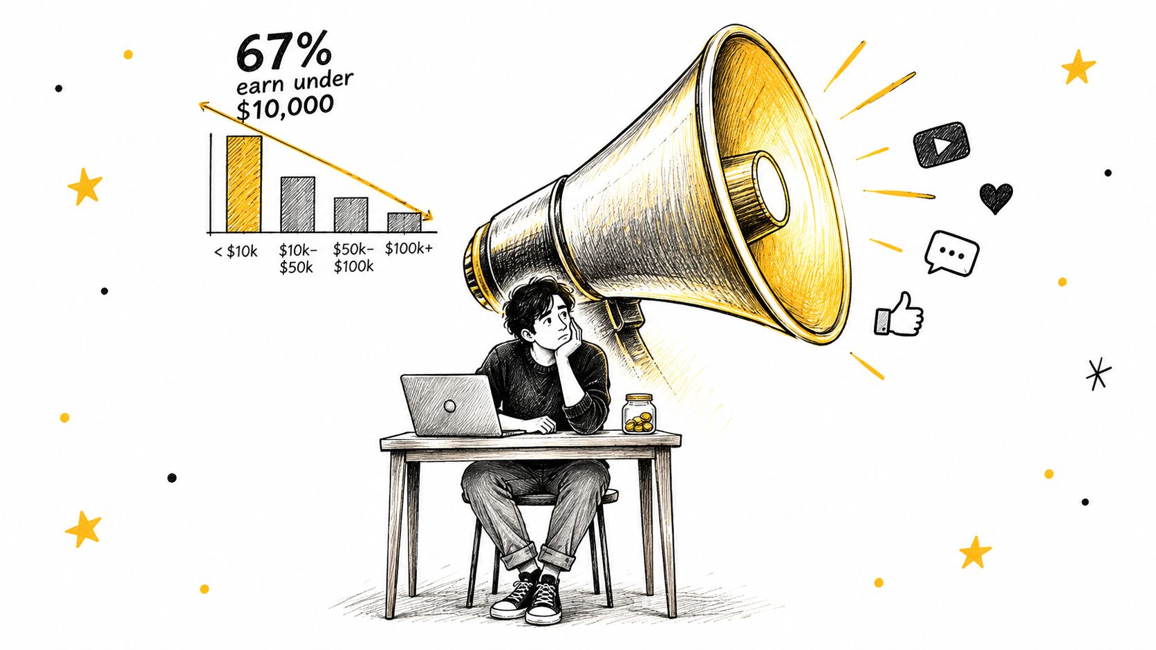 A person sitting at a desk with a laptop, reflecting on low creator economy income statistics.