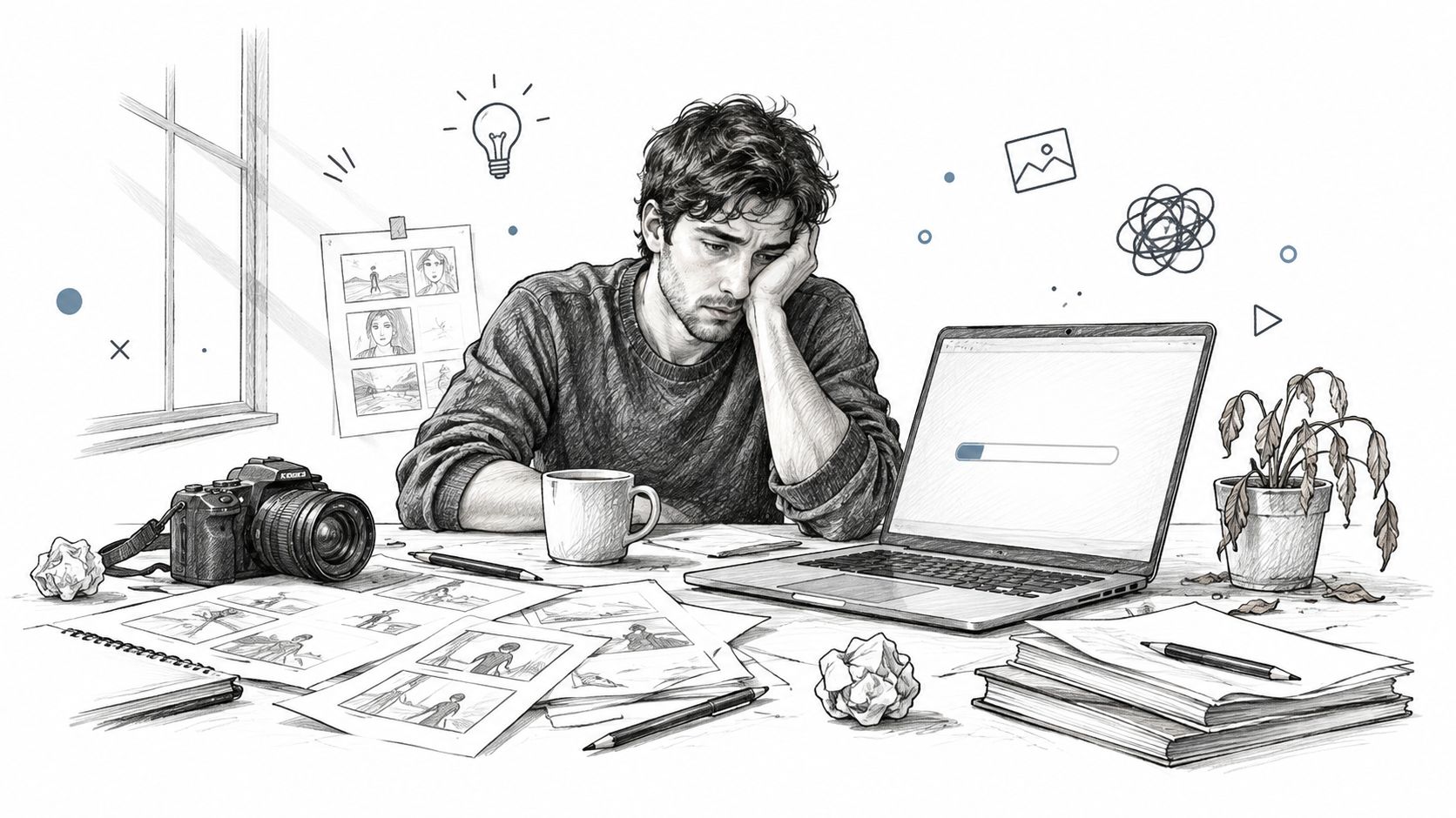 A tired creative professional sitting at a desk with a camera and laptop while working on a campaign.