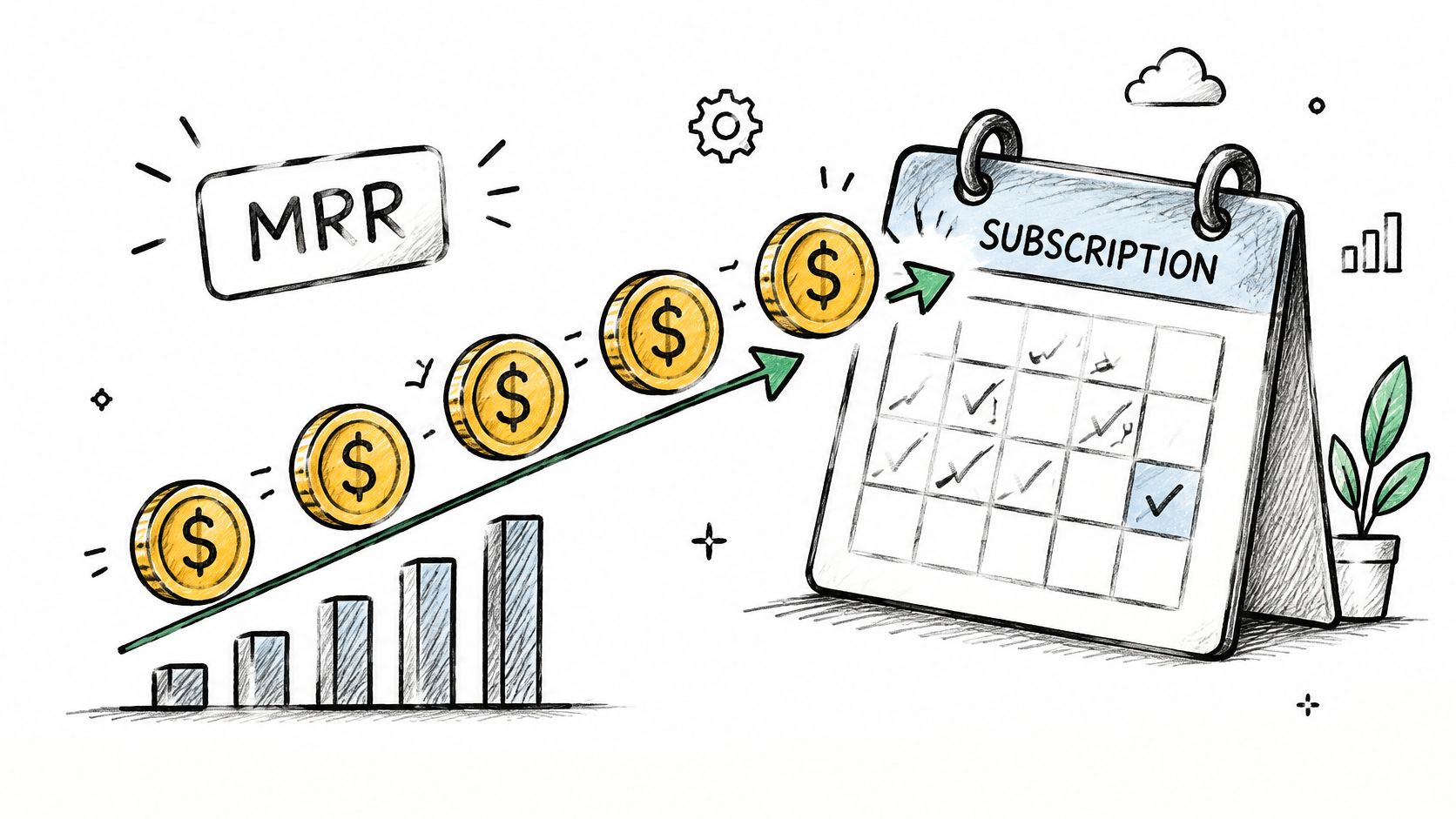 A hand-drawn illustration showing MRR growth alongside a subscription calendar, symbolizing recurring revenue in a business context.