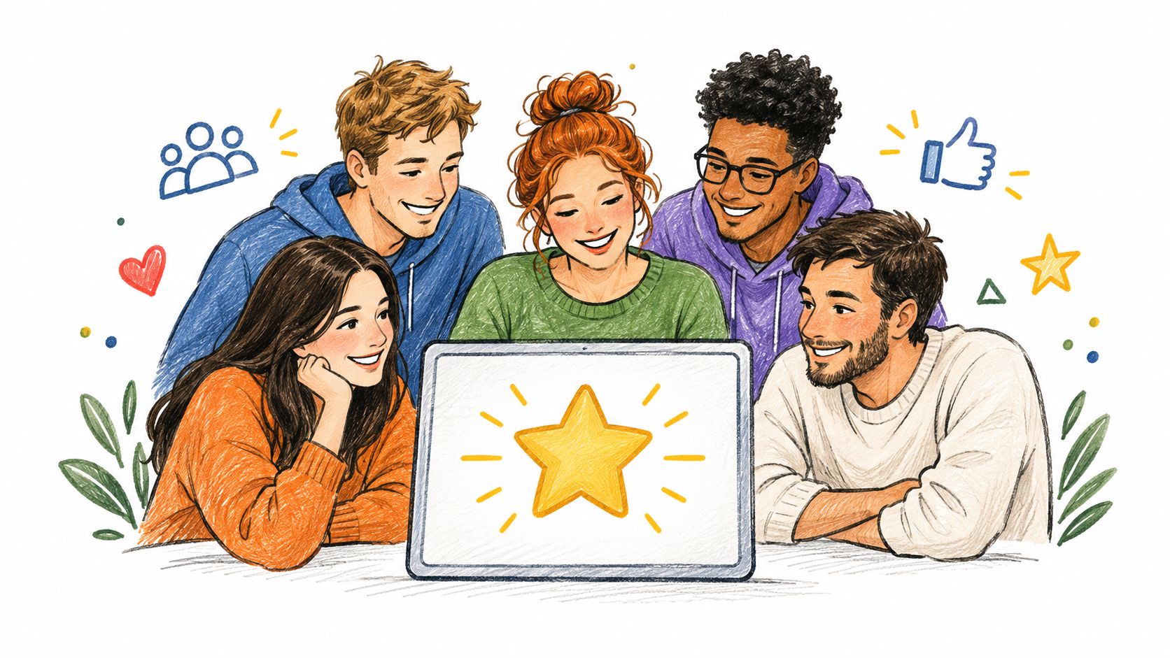 A diverse group of five friends looking at a laptop screen displaying a glowing gold star icon.