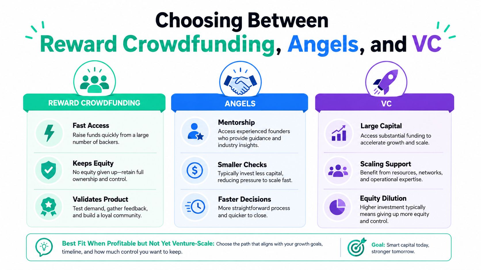 A comparison chart explaining the differences between reward crowdfunding, angel investors, and venture capital for business funding.