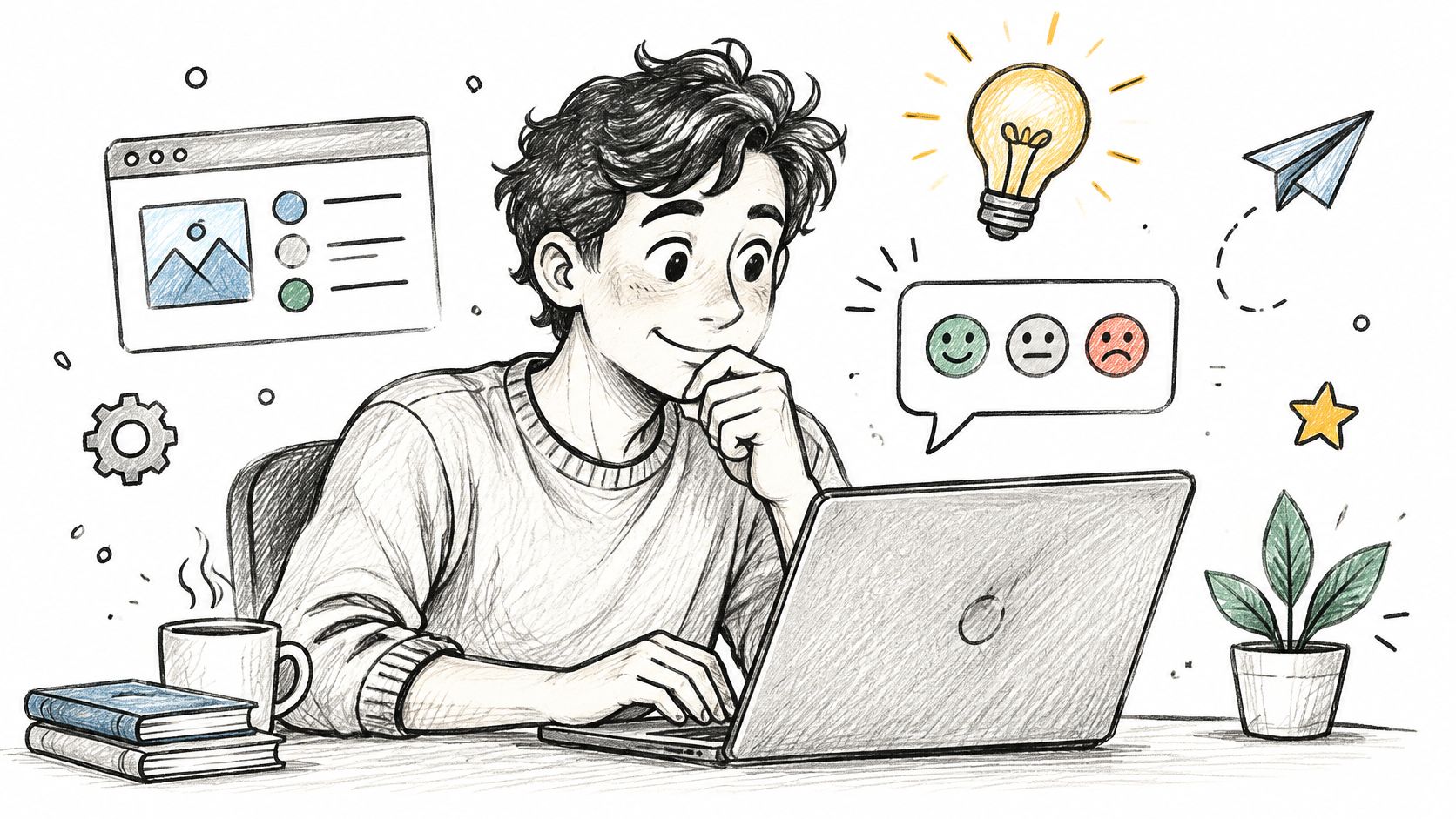 A digital illustration of a young man working on a laptop surrounded by creative and feedback icons.