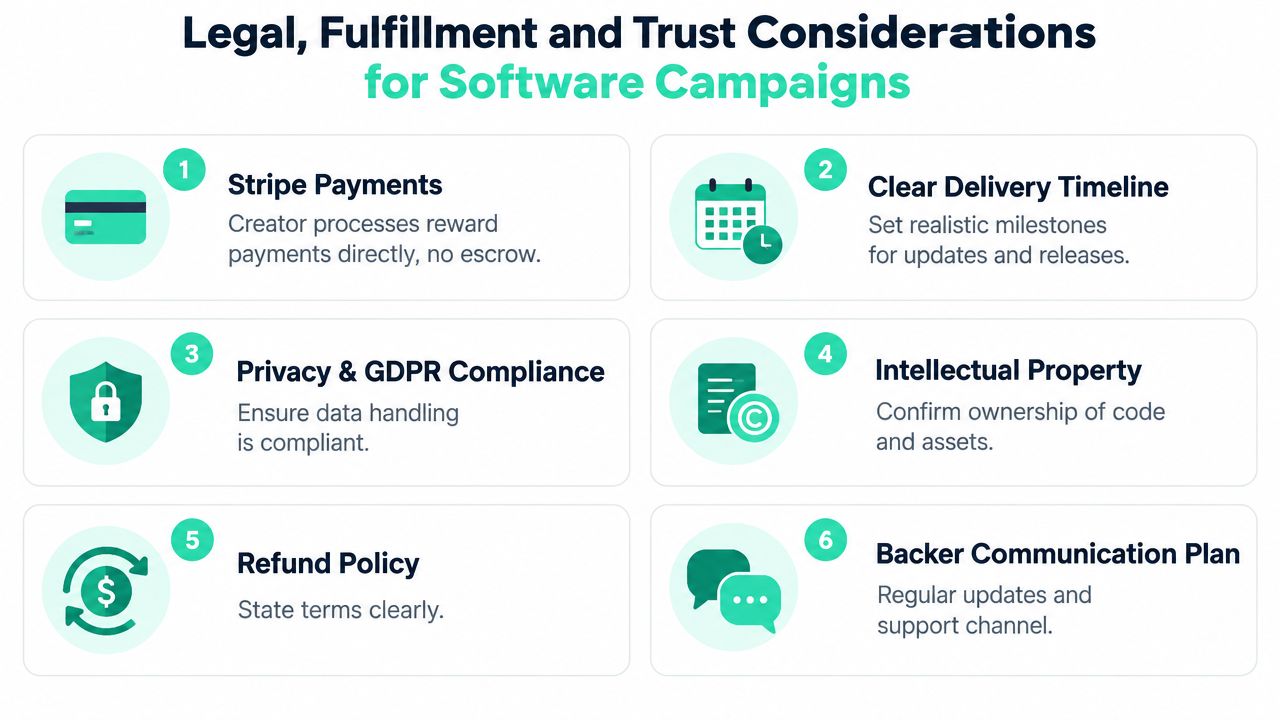 A diagram outlining legal, fulfillment, and trust considerations for software crowdfunding campaigns, including six key points.