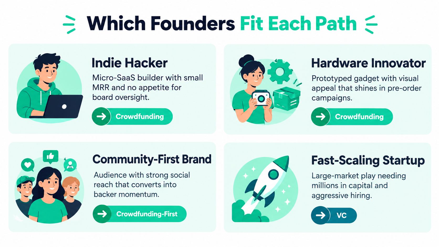 An infographic titled Which Founders Fit Each Path, comparing crowdfunding versus venture capital for different business types.