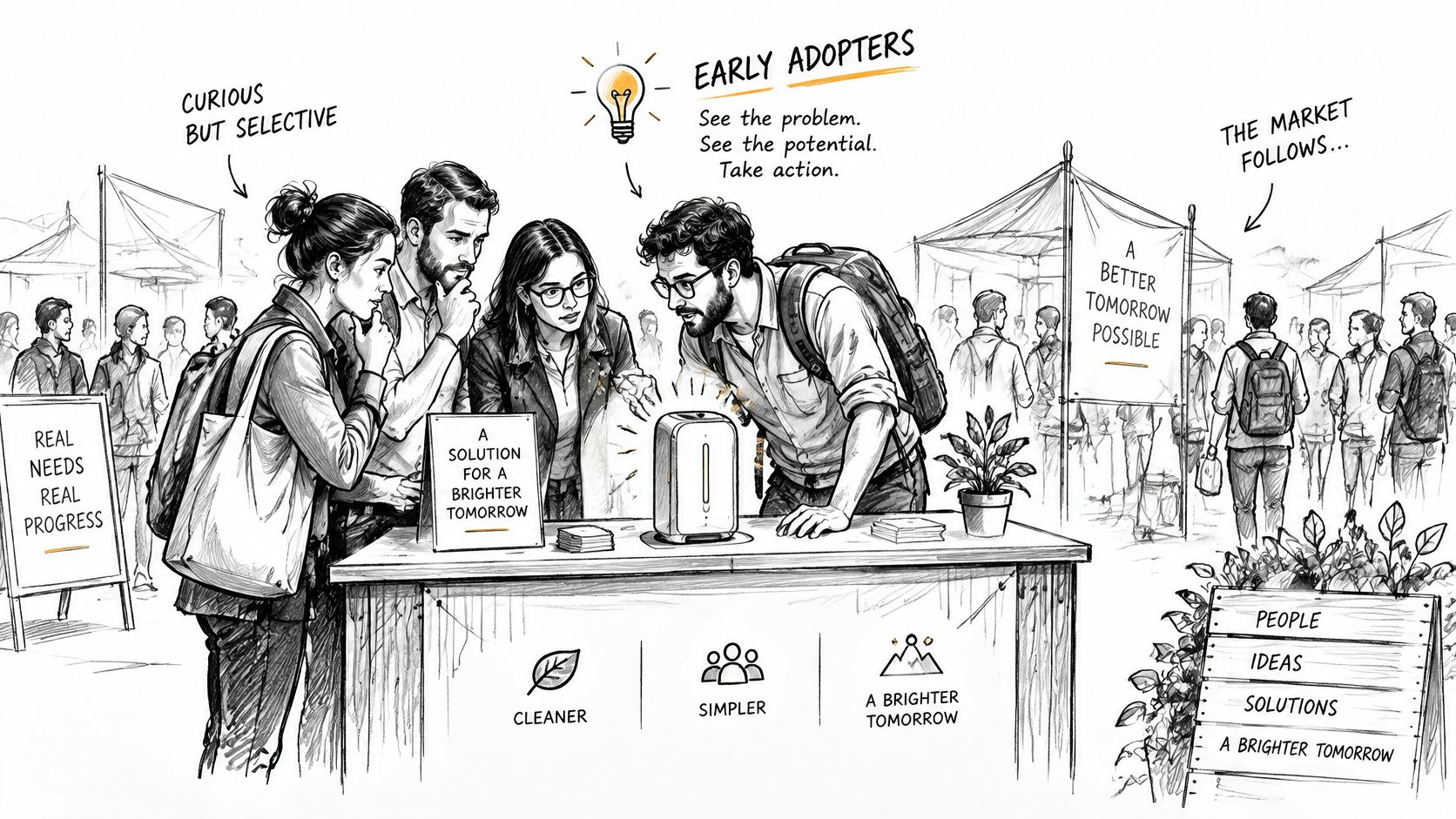 A black and white illustration showing early adopters observing a new product display at a market stall.