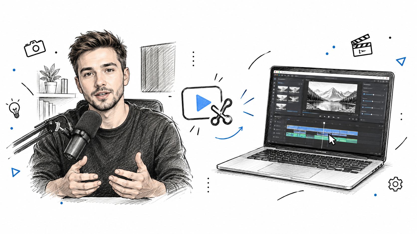 A digital illustration showing a content creator recording with a microphone next to a laptop editing video.
